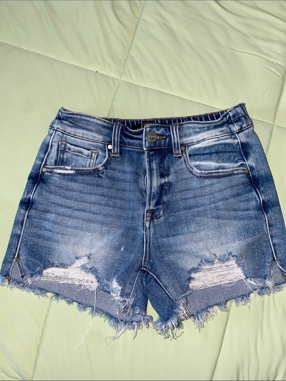 Risen Jeans. Distressed High-Rise Denim Cutoff Shorts in Blue